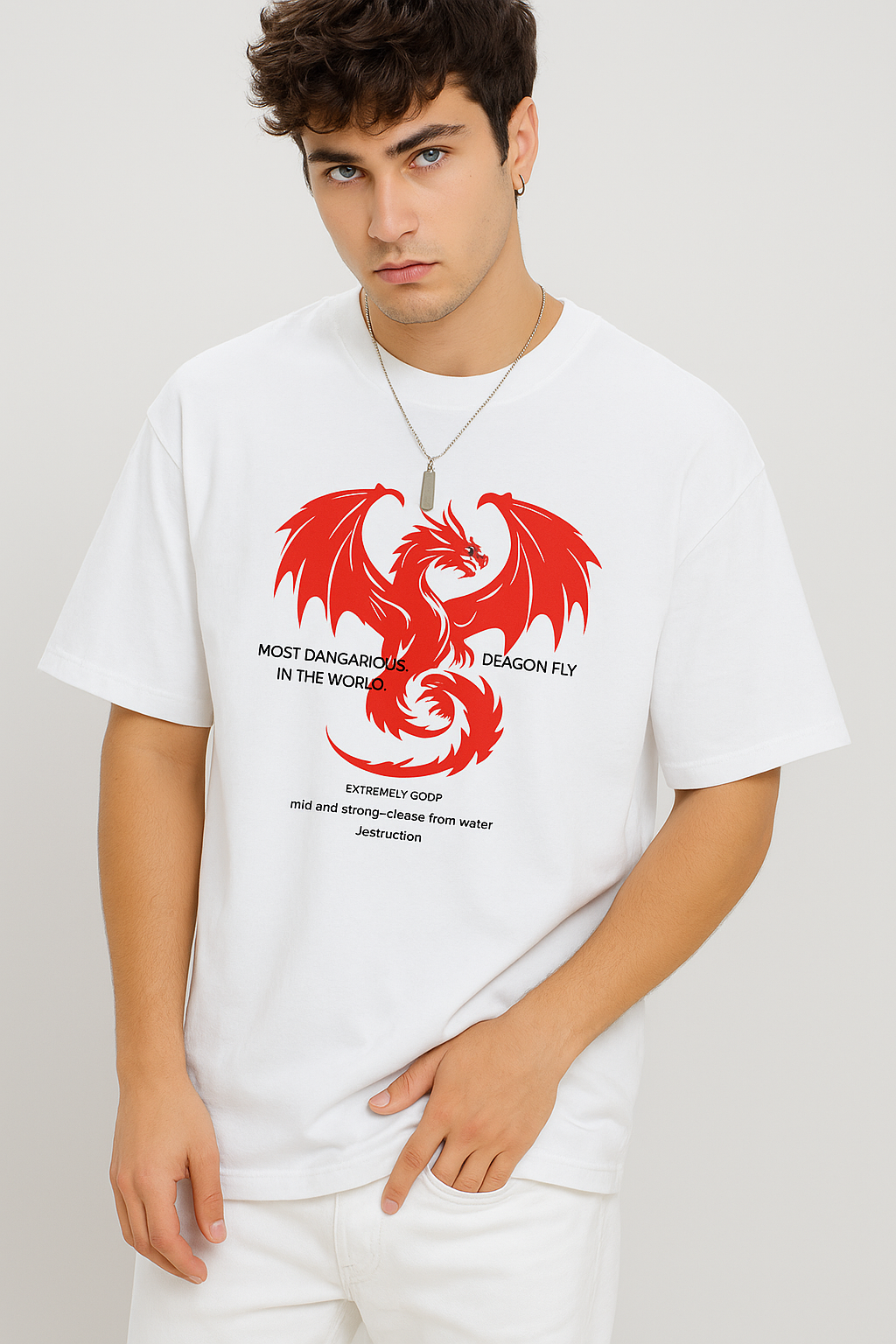 White Oversized T-Shirt with Red Dragon Print – Unisex Streetwear Style