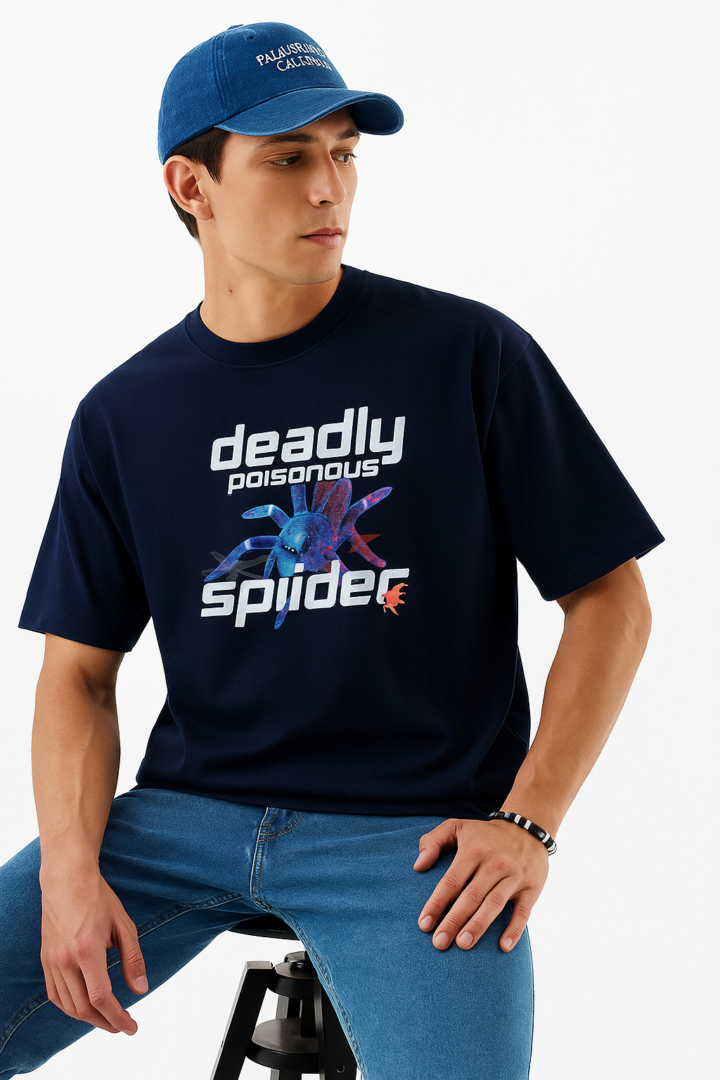 Men’s Oversized Deadly Poisonous Spider Graphic T-Shirt – Navy Blue