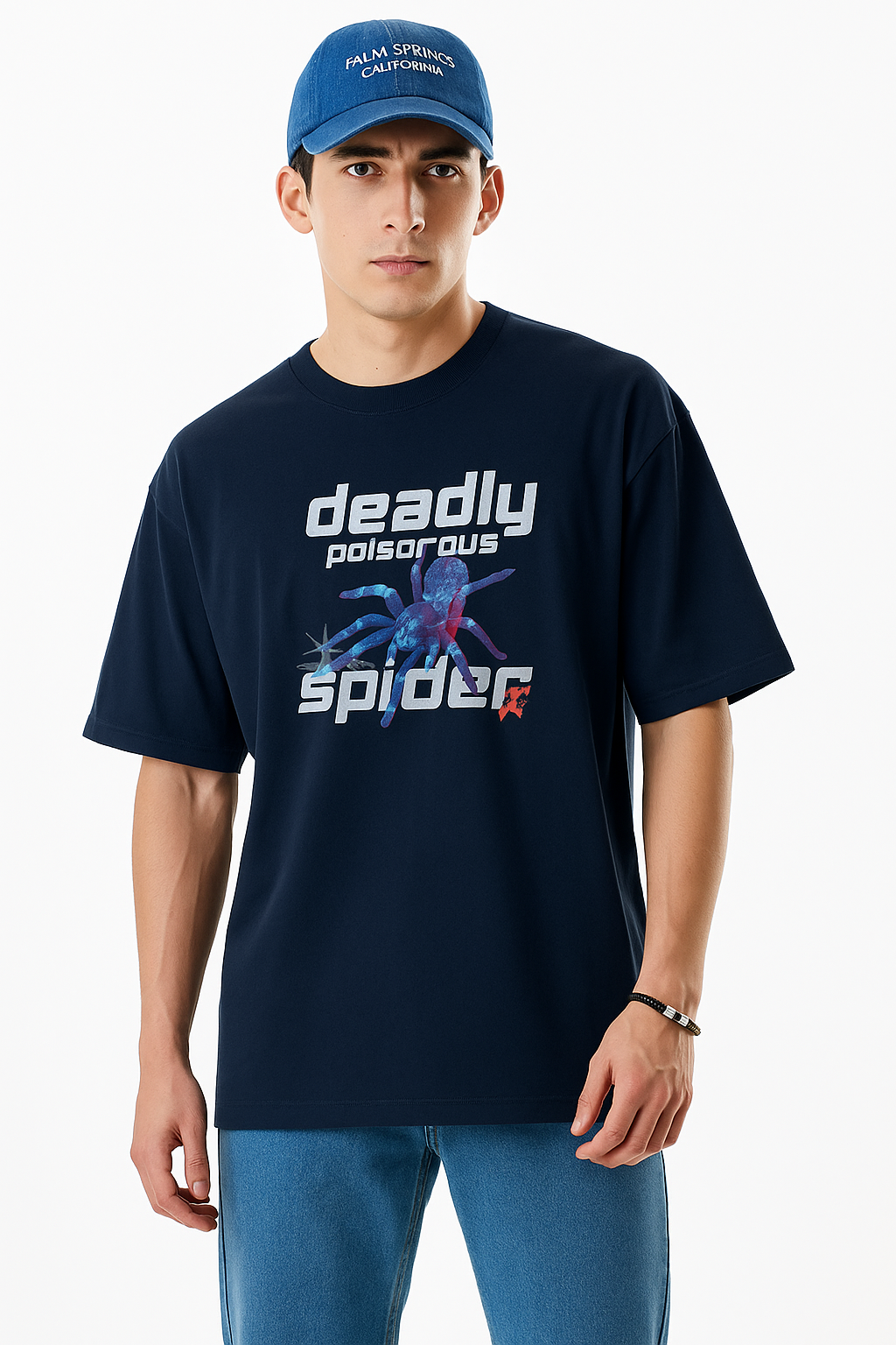 Men’s Oversized Deadly Poisonous Spider Graphic T-Shirt – Navy Blue