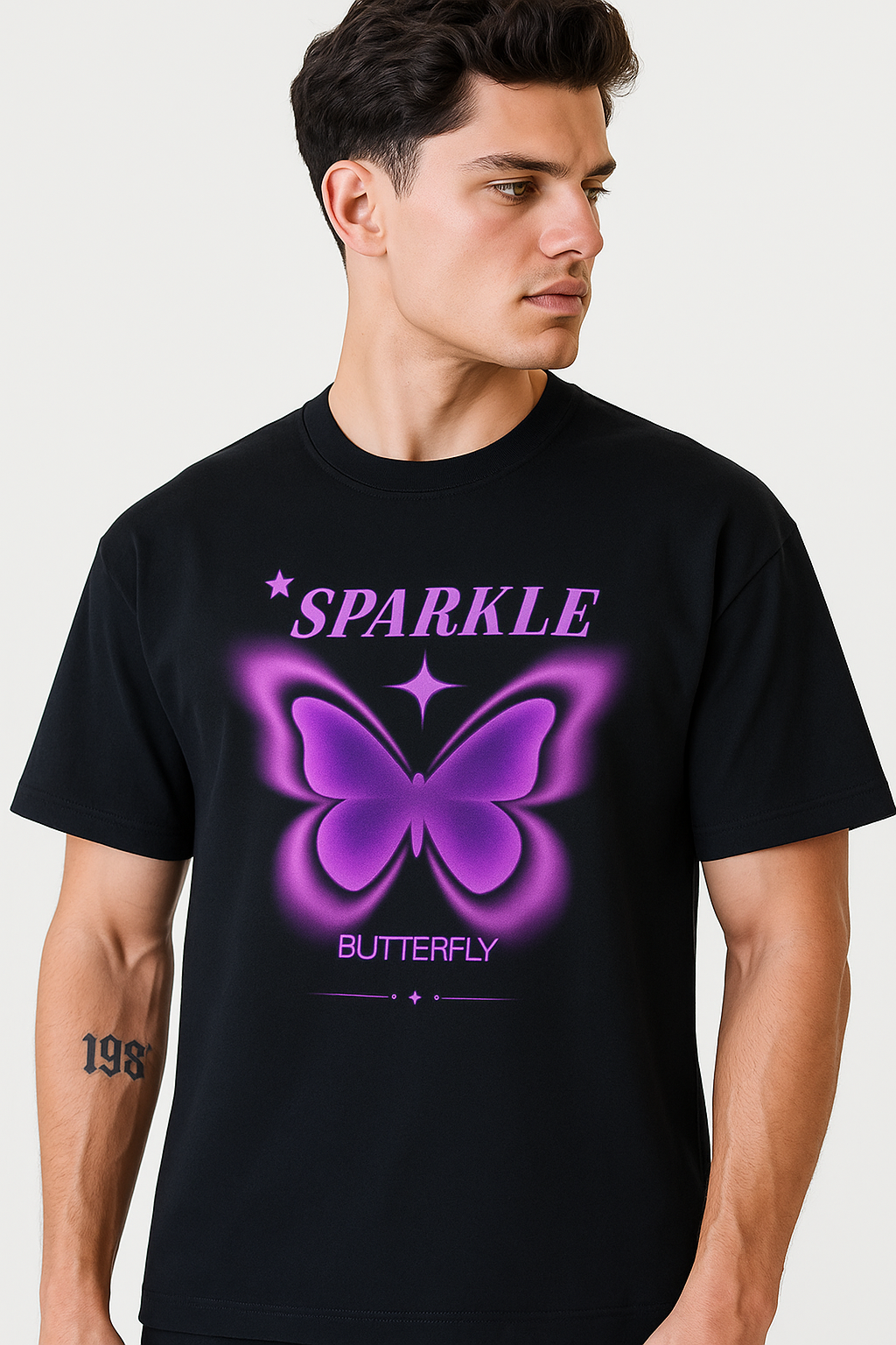 Sparkle Butterfly Oversized Graphic T-Shirt – Black & Purple Glow Edition