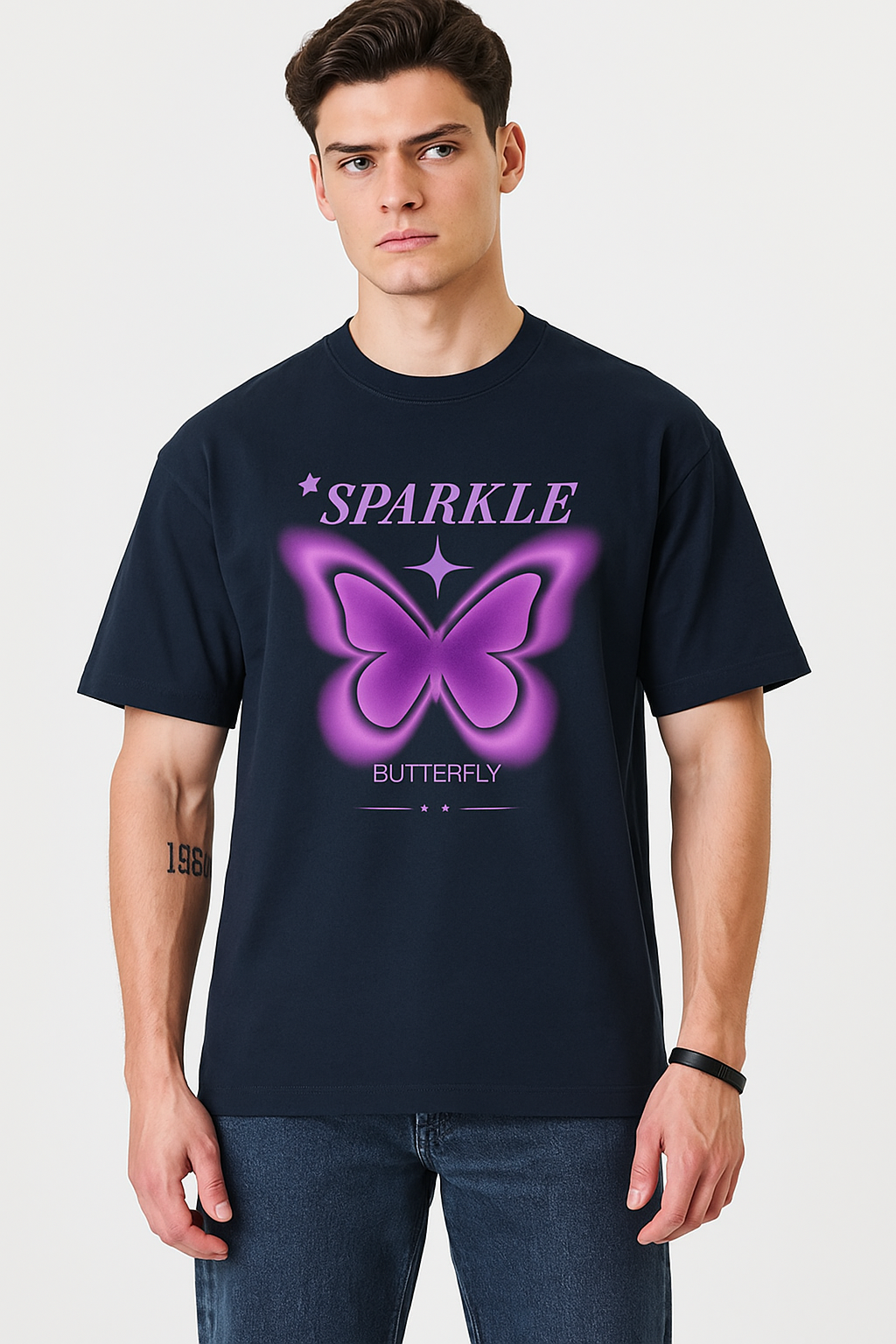 Sparkle Butterfly Oversized Graphic T-Shirt – Black & Purple Glow Edition