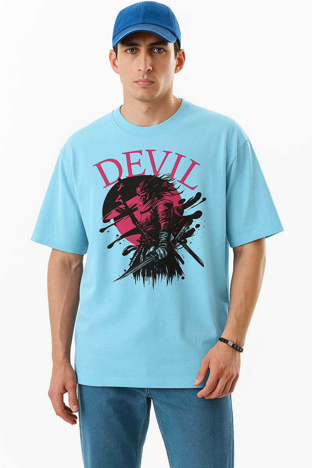 Oversized Devil Samurai Graphic T-Shirt for Men Sky Blue Anime Printed Tee Streetwear Cotton T-Shirt