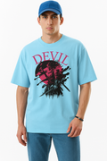Oversized Devil Samurai Graphic T-Shirt for Men Sky Blue Anime Printed Tee Streetwear Cotton T-Shirt