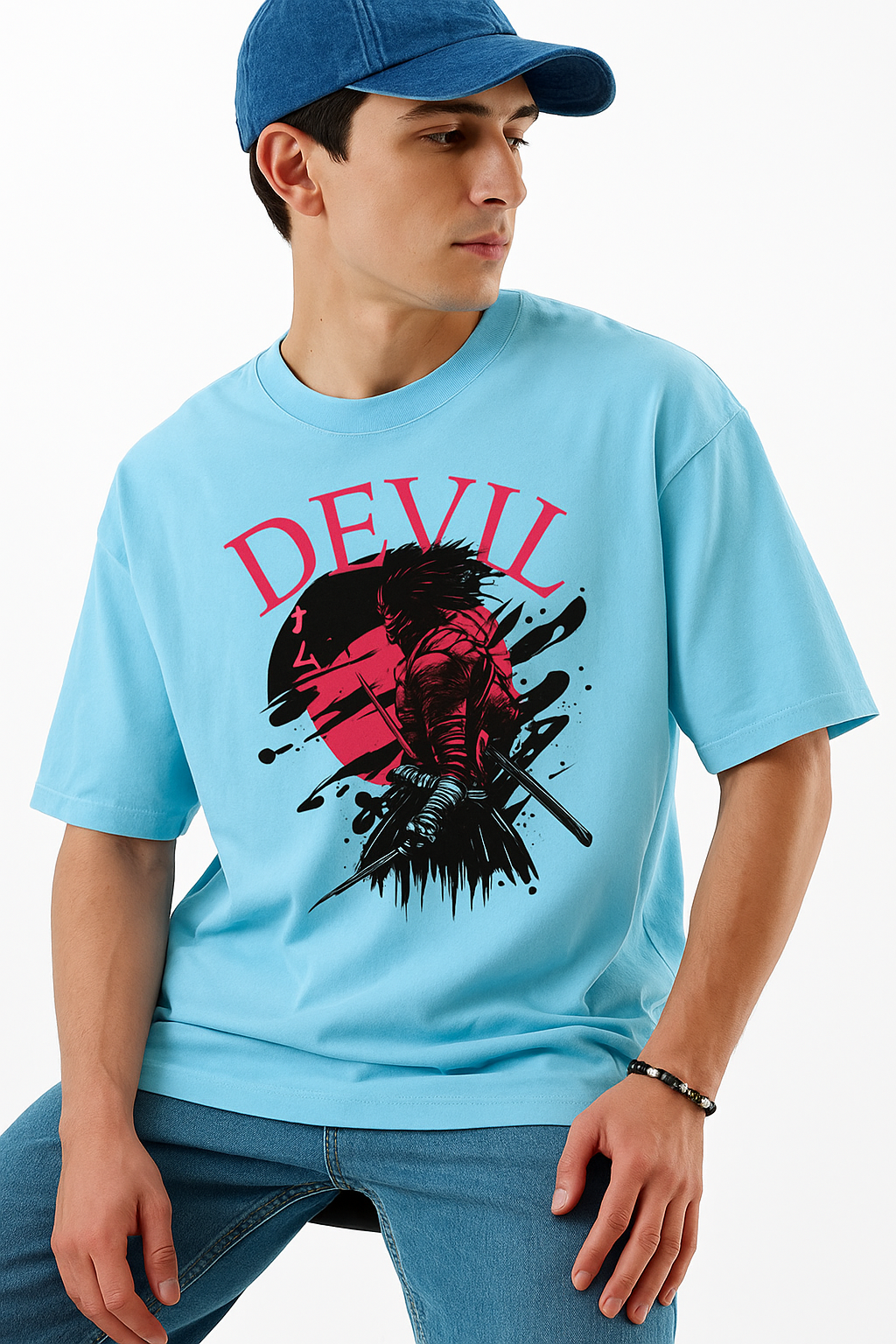 Oversized Devil Samurai Graphic T-Shirt for Men Sky Blue Anime Printed Tee Streetwear Cotton T-Shirt