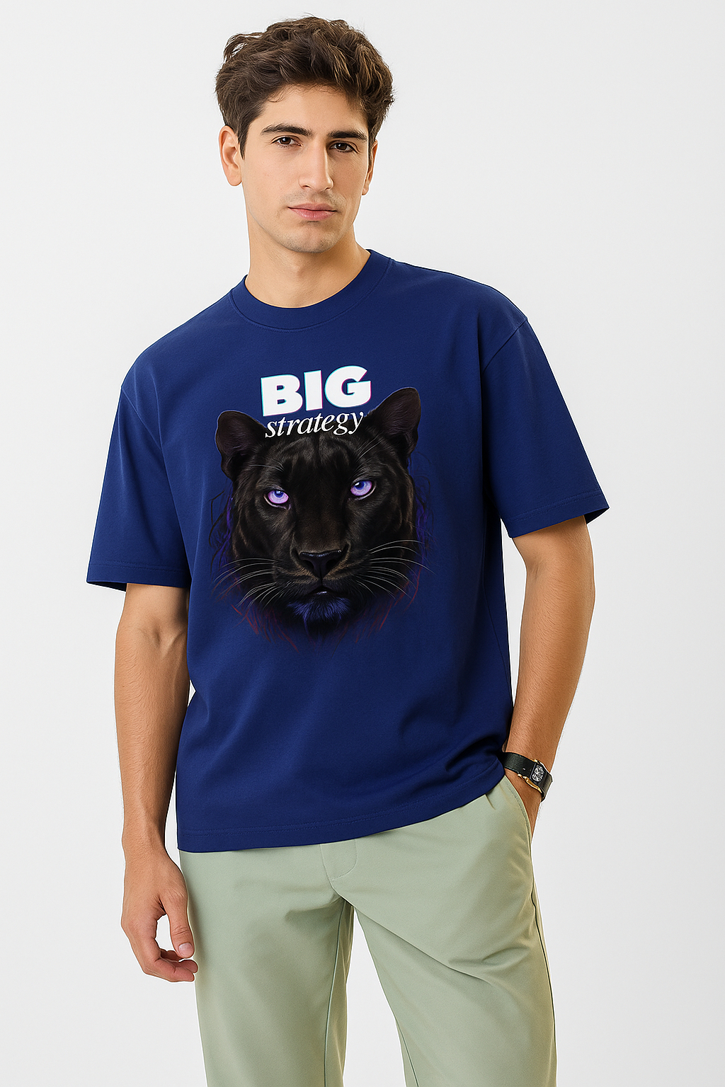 Men's Oversized Navy T-Shirt with Panther Graphic BIG Strategy Premium Printed Tee