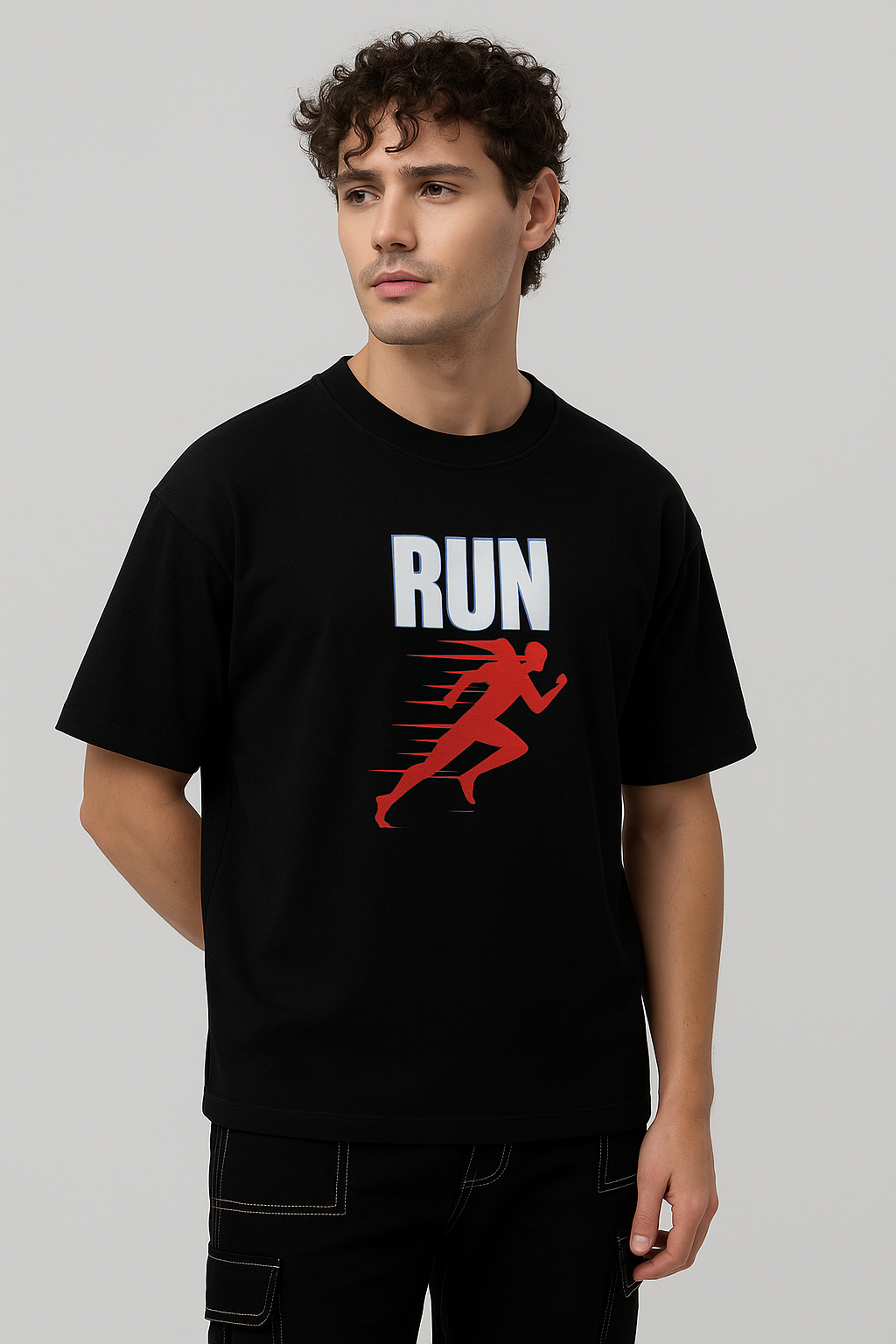 RUN Graphic Oversized Black T-Shirt for Men Athletic Streetwear Tee