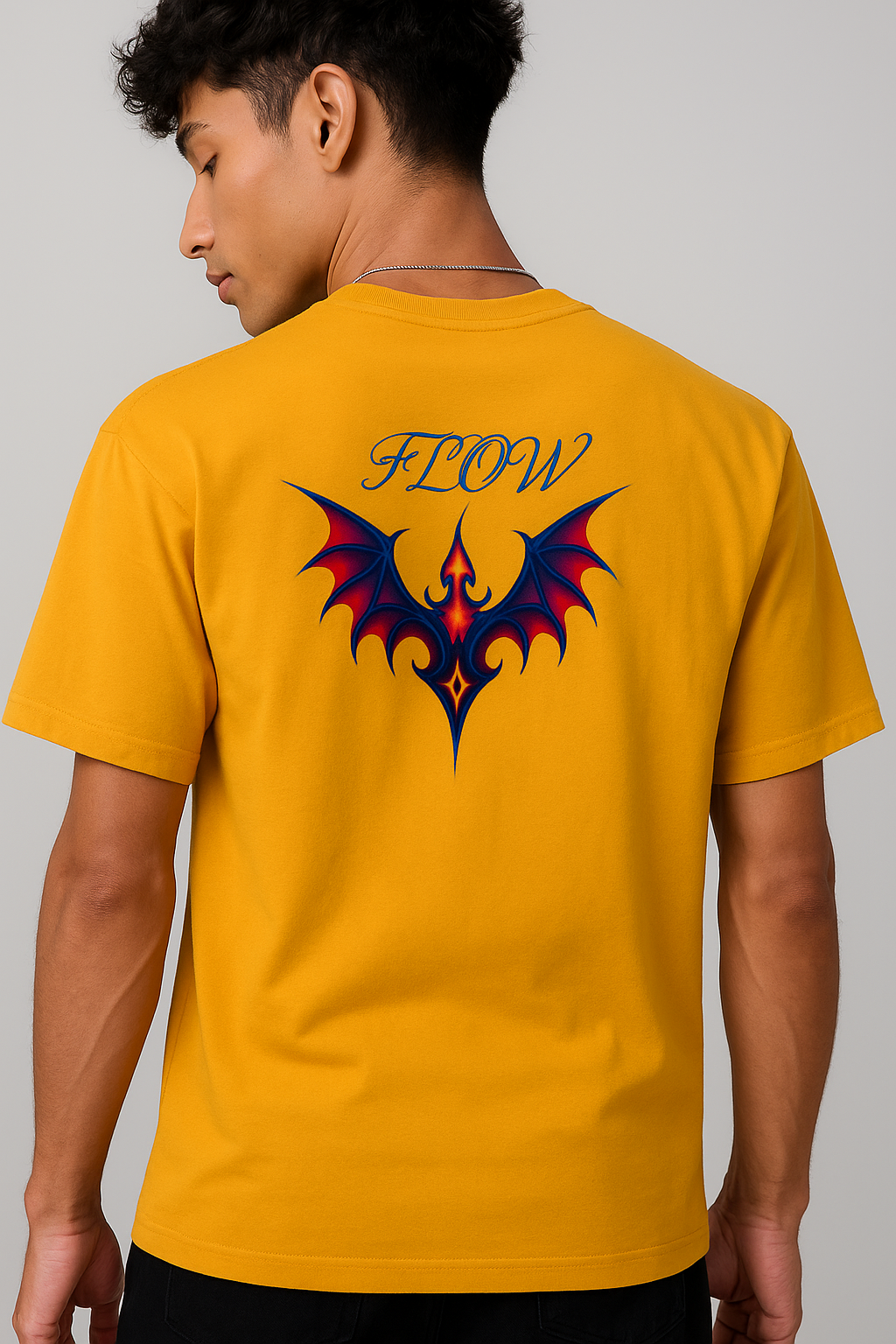 Men’s Yellow Graphic T-Shirt with Dragon Flame Wings  FLOW Print  Premium Cotton Tee
