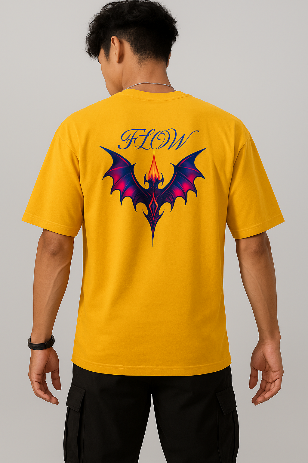 Men’s Yellow Graphic T-Shirt with Dragon Flame Wings  FLOW Print  Premium Cotton Tee