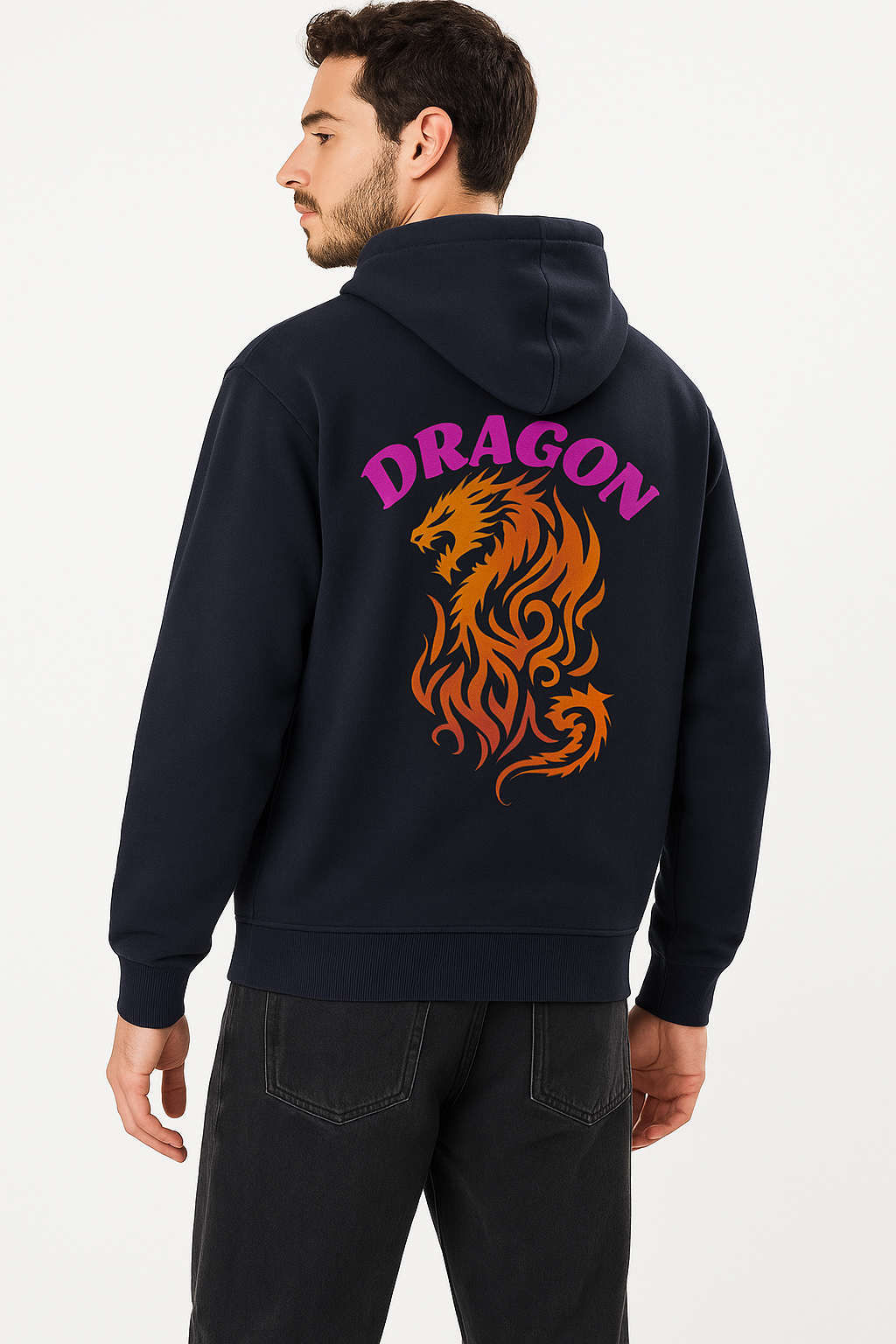 Men’s Navy Blue DRAGON Graphic Premium Hoodie – Oversized Fit  Streetwear Look