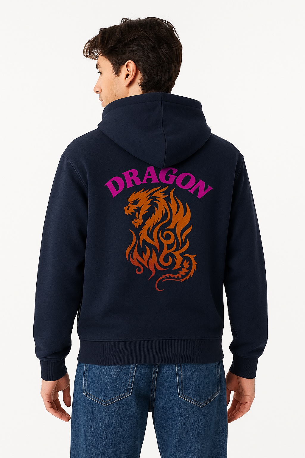 Men’s Navy Blue DRAGON Graphic Premium Hoodie – Oversized Fit  Streetwear Look