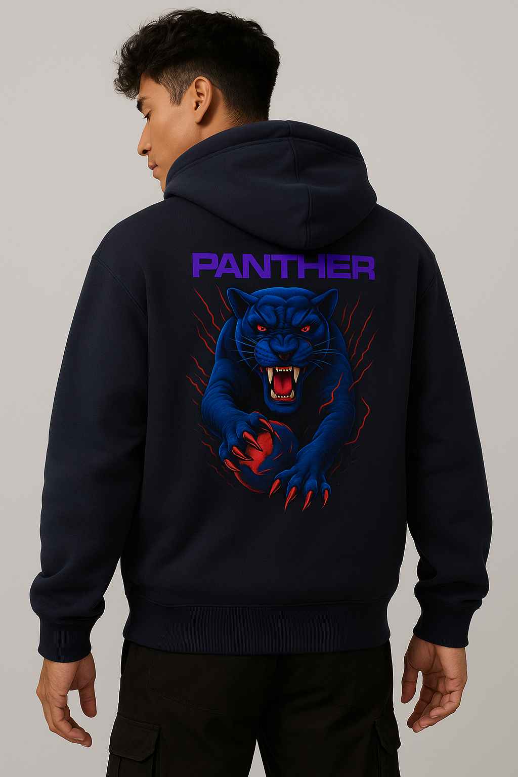 Navy Blue Panther Graphic Oversized Hoodie  Fierce Streetwear Design