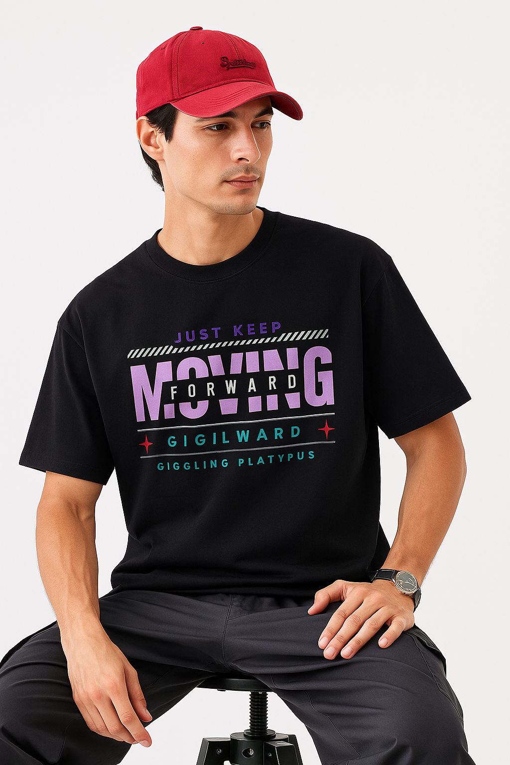 Black Just Keep Moving Forward Oversized Graphic T-Shirt for Men