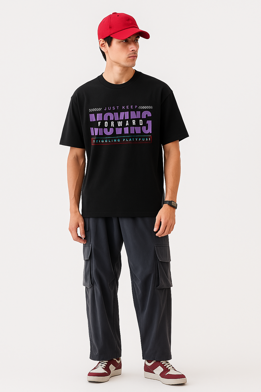 Black Just Keep Moving Forward Oversized Graphic T-Shirt for Men